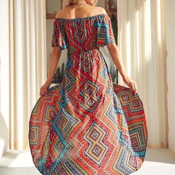 Multicolor Boho Womens Geo Print Off Shoulder Wrap Hem Dress - Picture 2 of 5